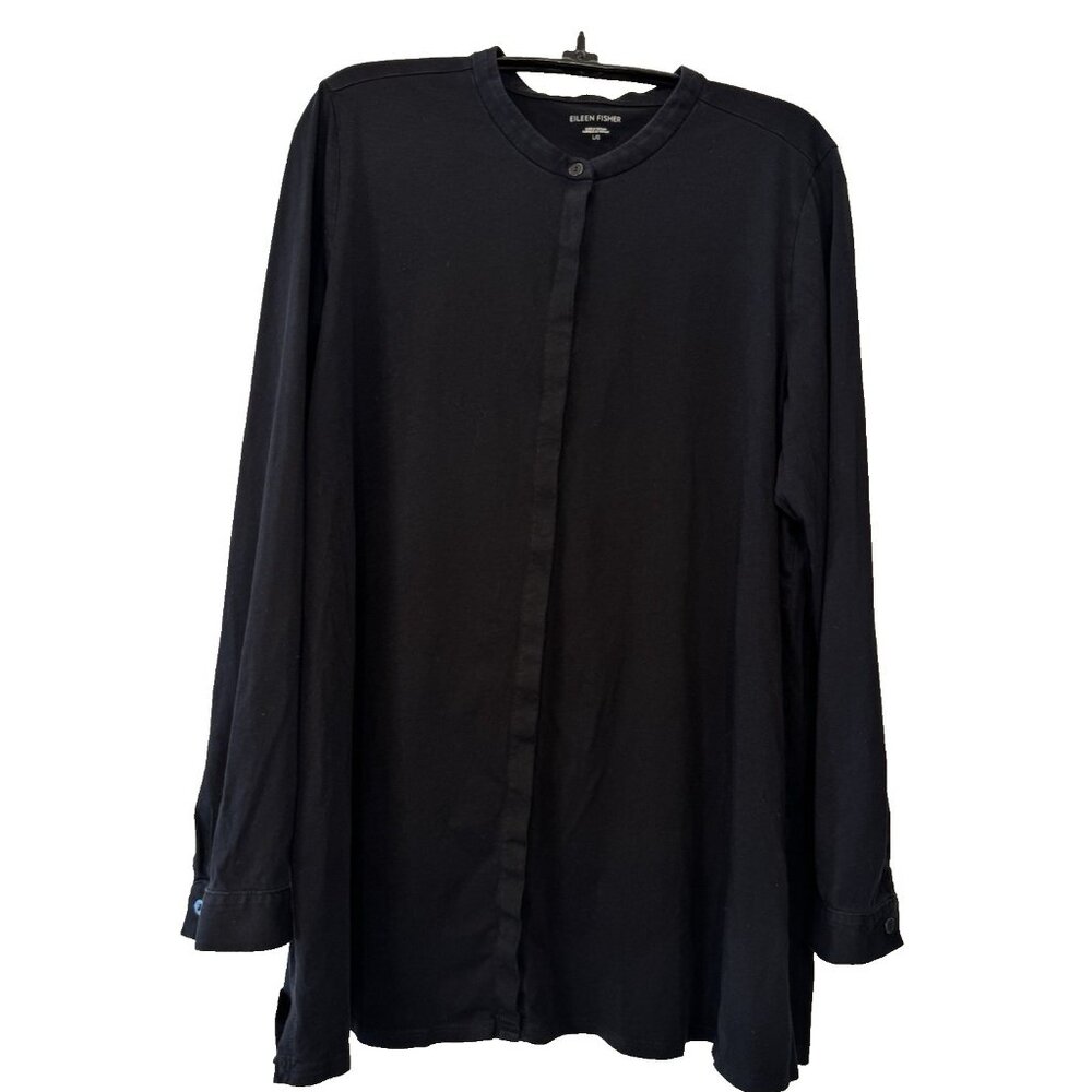 Eileen Fisher Black L Stretch Button Down Jersey Cotton Knit Band Collar Blouse